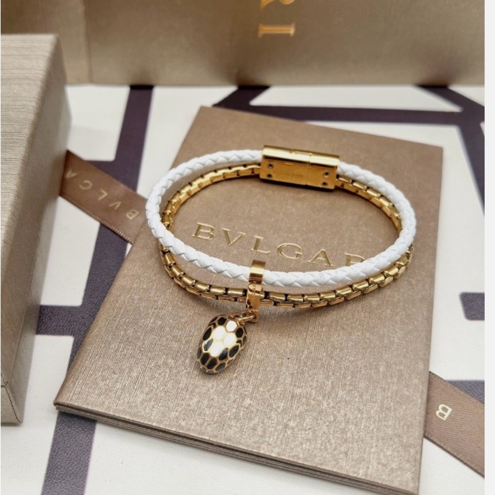 Bulgari Gold and White Braided Bracelet with Serpenti Charm